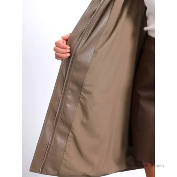 Faux Leather Trench Coat with Belt, Zipper Front, Lapel Collar